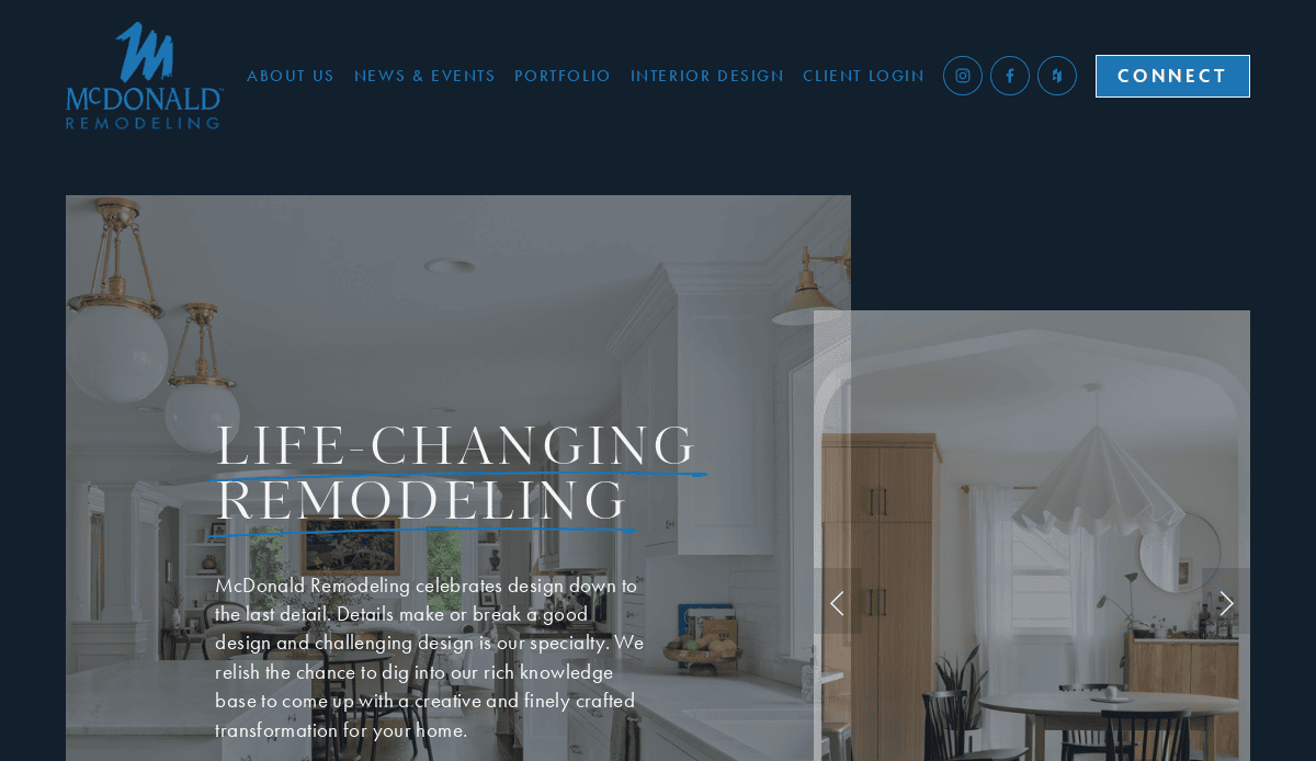 Screenshot of McDonald Remodeling’s homepage with a blue overlay, highlighting a bright, modern kitchen and the headline “Life-Changing Remodeling”—a website design crafted to convert visitors interested in kitchen and bathroom remodeling.