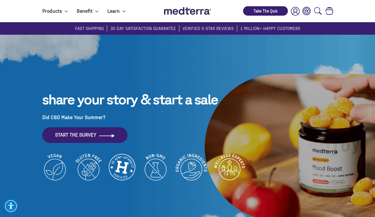 A CBD online store webpage for Medterra features a share your story & start a sale headline, a Mood Boost supplement jar, fruits, icons for product benefits, and navigation links at the top in a purple header.