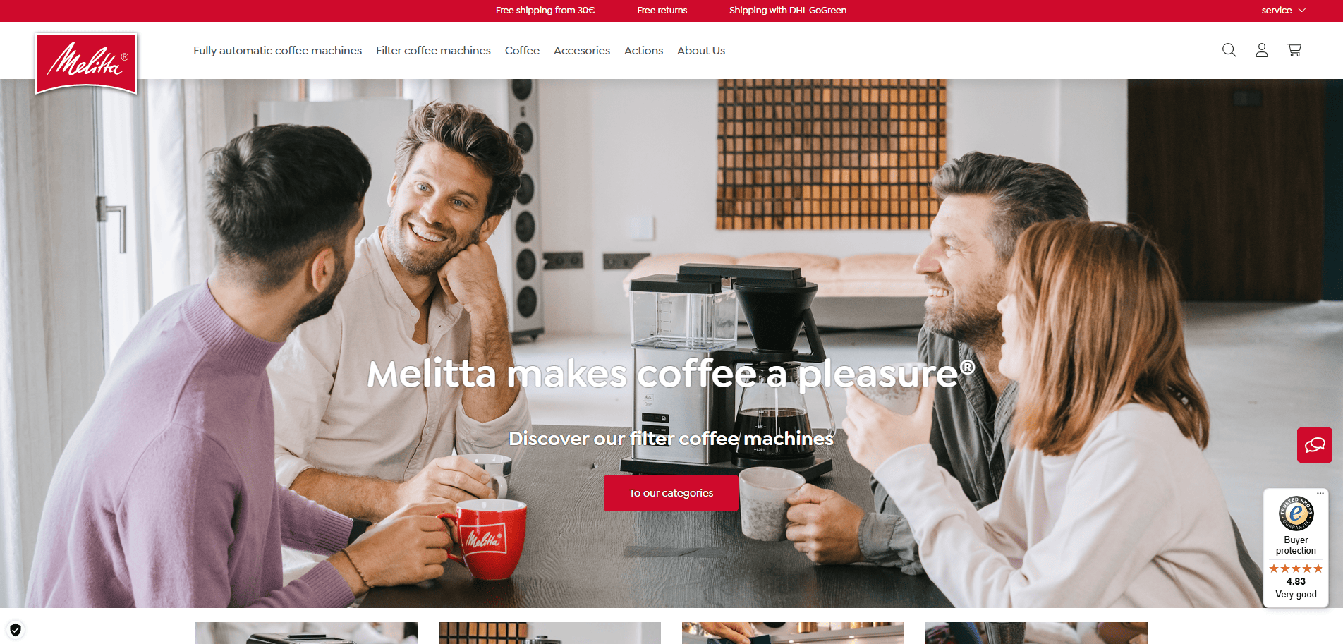 Four people sit around a kitchen table, smiling and talking over coffee. A Melitta coffee machine and red mugs are on the table, embodying artisan website design style. The text reads, “Melitta makes coffee a pleasure.”.