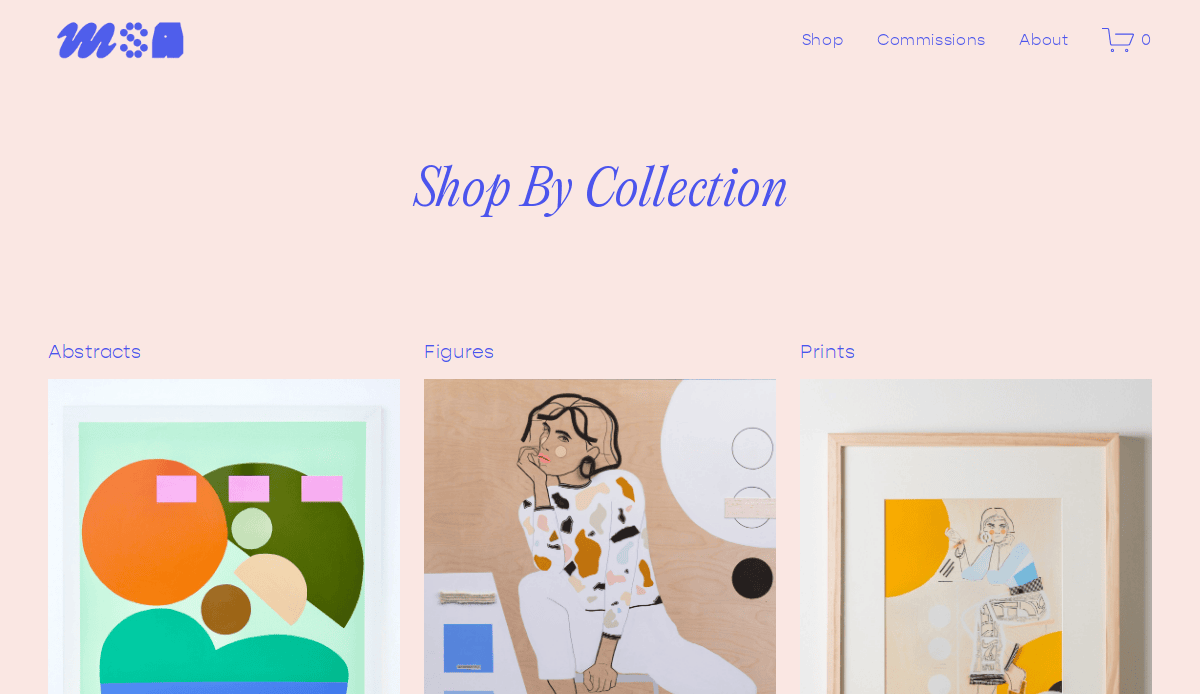 A pastel-themed online art store webpage titled Shop By Collection showcases artisan website design, featuring three art categories—Abstracts, Figures, and Prints—each with a captivating artwork image beneath its name.