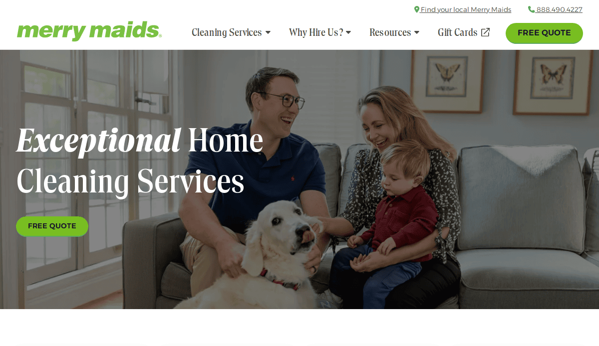 A smiling family with a dog sits on a couch in a bright living room. The cleaning service website banner reads “merry maids. Exceptional Home Cleaning Services” with a “Free Quote” button.