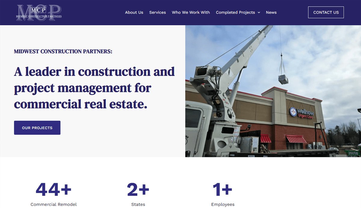 Screenshot of Midwest Construction Partners website homepage. Professional text highlights commercial construction and project management for real estate, alongside an image of a crane lifting materials outside a commercial building.