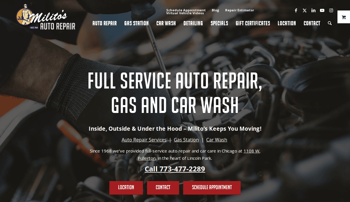 A mechanic works on a car engine, with text overlay promoting Milito’s Auto Repair, a trusted auto repair business offering full-service repairs, gas, and car wash, plus contact details and car mechanic website design menu options at the top.