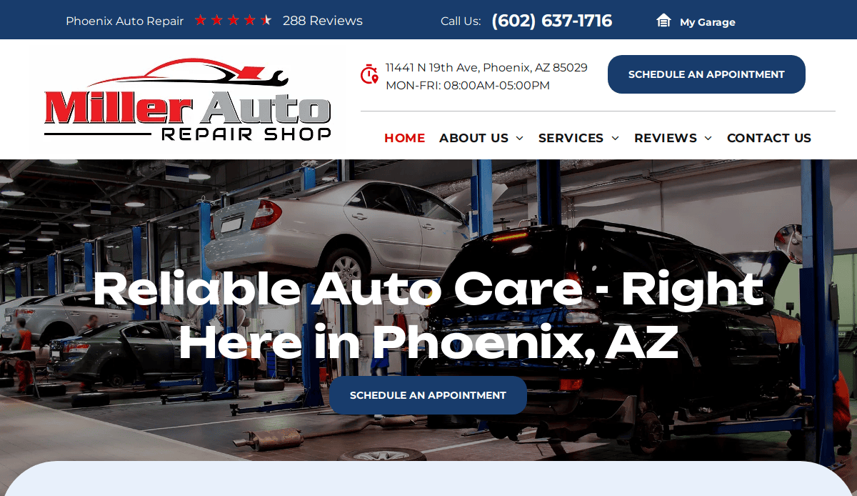 Screenshot of the Miller Auto Repair Shop’s car mechanic website design, featuring cars being serviced in a garage, the shop’s name and logo, contact info, reviews, and a button to schedule an appointment for your auto repair business.