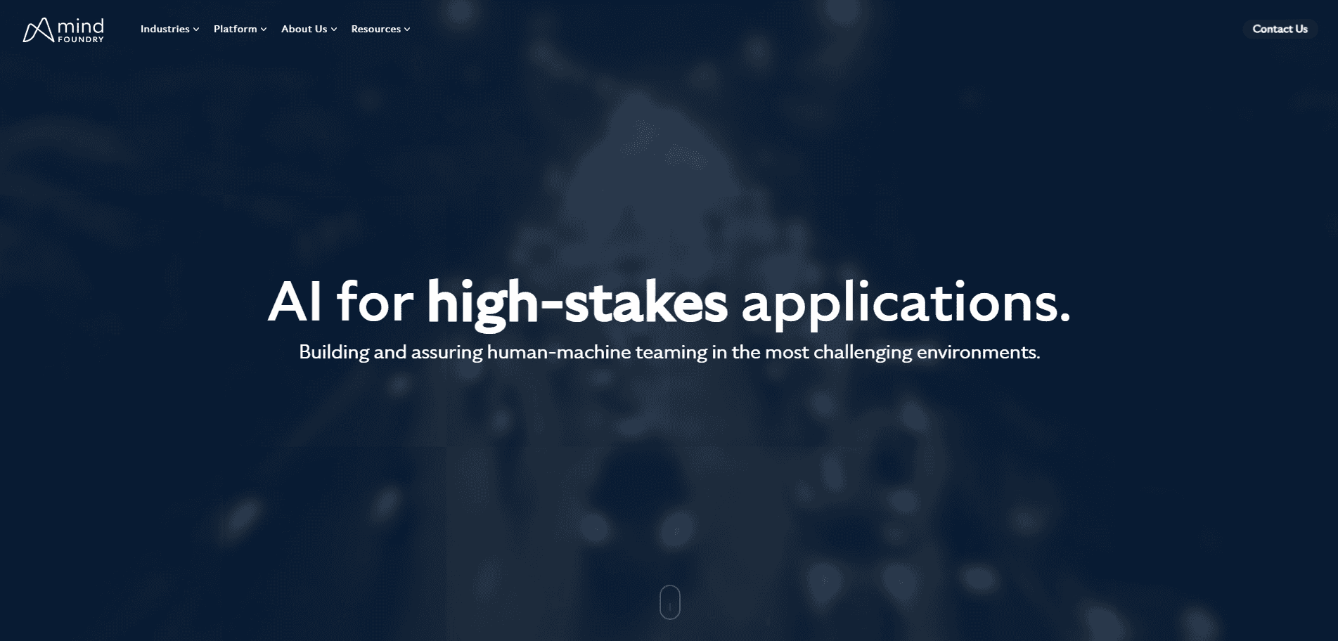 Homepage of Mind Foundry’s AI Website Design with the headline AI for high-stakes applications and a subheadline about building human-machine teaming. The background features a blurred image of city lights and traffic.