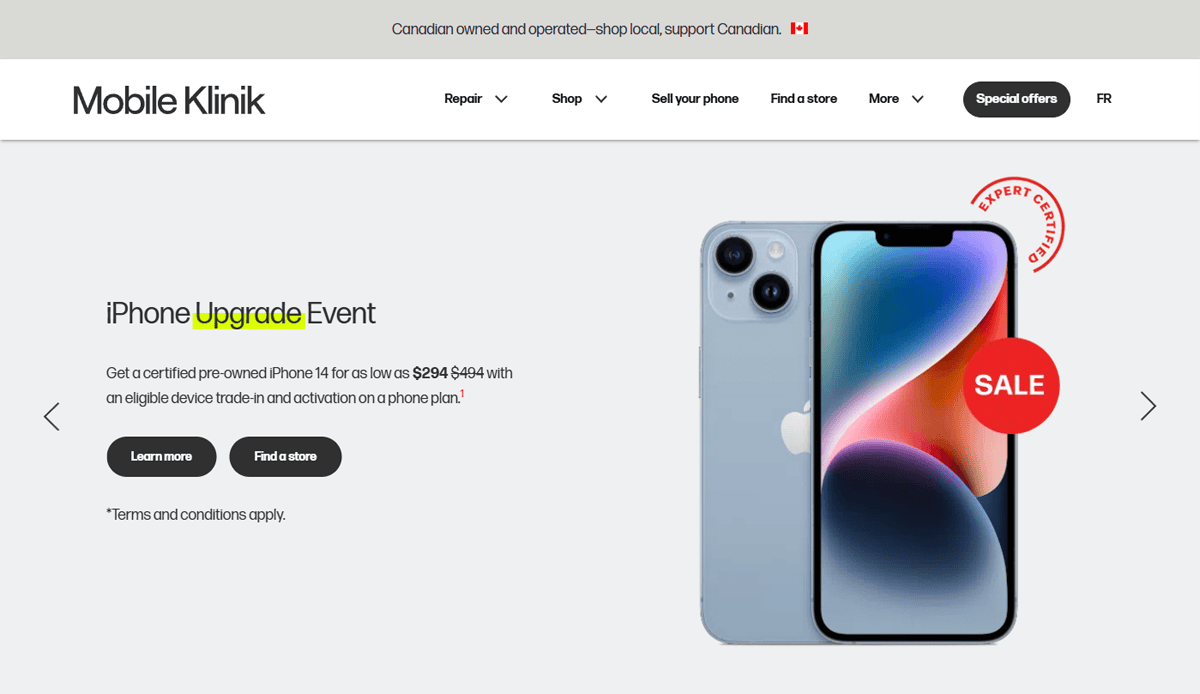 Screenshot of the Mobile Klinik cell phone repair website featuring an iPhone Upgrade Event promotion, showing an iPhone 14 with a red SALE badge, plus Learn more and Find a store buttons on a clean white background.