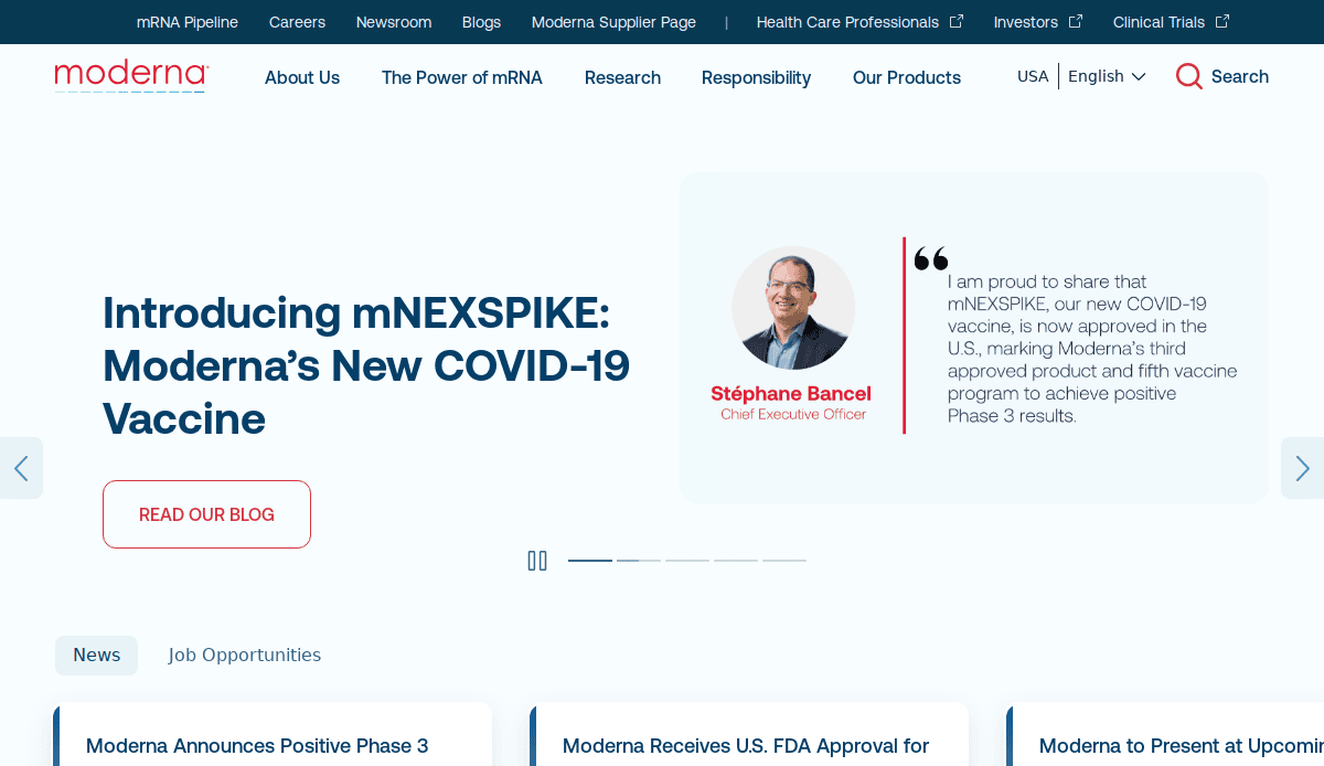 Screenshot of Moderna’s biotech website design announcing mNEXSPIKE, a new COVID-19 vaccine. Stéphane Bancel, Chief Executive Officer, is quoted. Navigation menus and buttons for more information highlight the innovation of leading biotech companies.