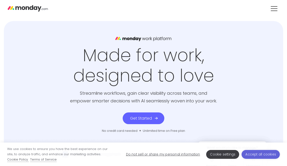 Screenshot of Monday.com’s homepage showcasing B2B website design with the text: “Made for work, designed to love,” a “Get Started” button, site navigation menu, and cookie consent options at the bottom of the page.