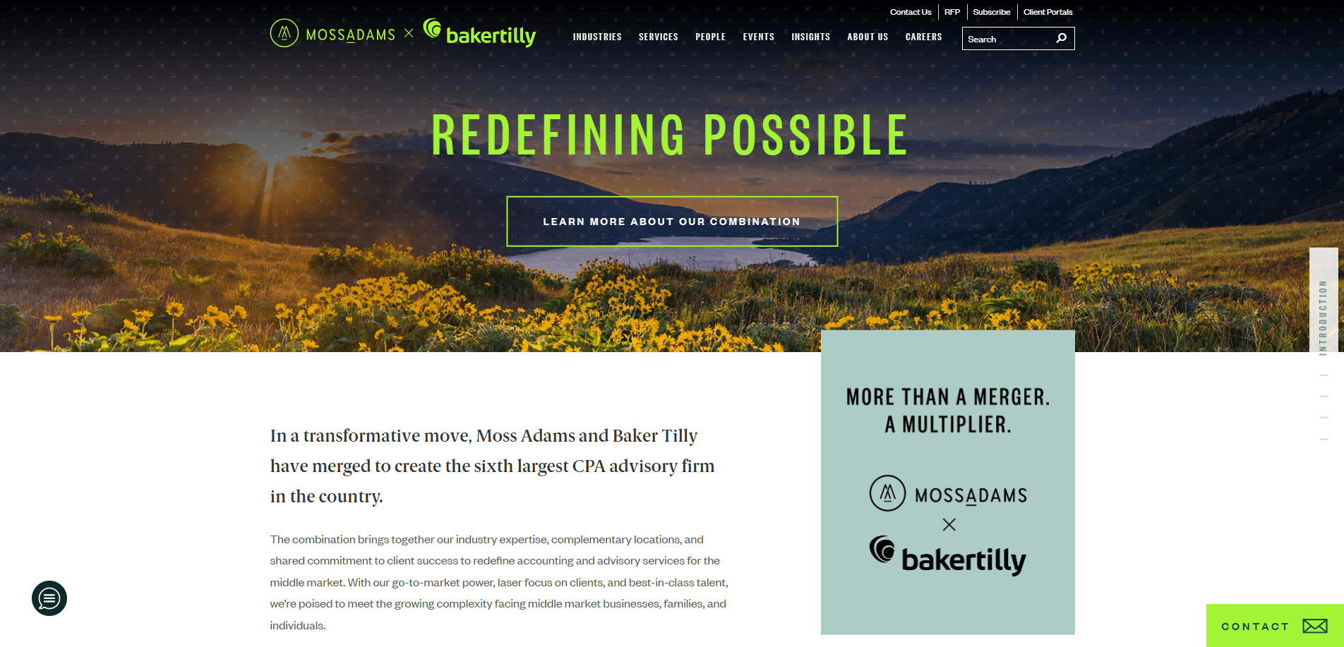 A high-impact accountant website homepage features a scenic landscape with wildflowers and mountains. Text reads “Redefining Possible.” Below, it announces the merger of Moss Adams and Baker Tilly to build a major CPA advisory firm.