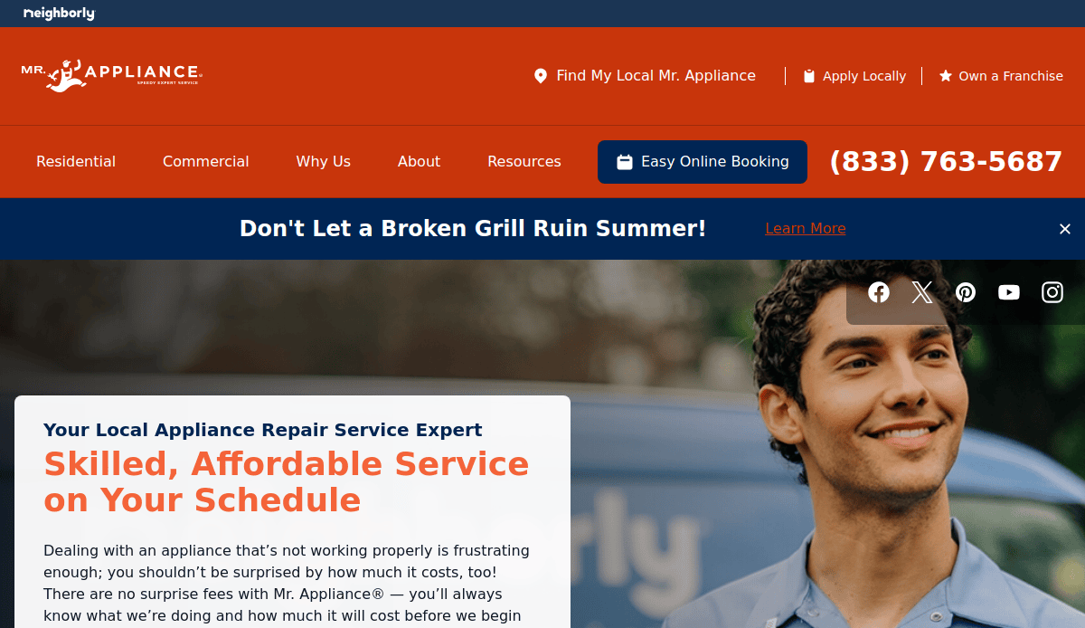 Homepage of Mr. Appliance, featuring a professional website design with a smiling man in front of a service van, highlighting skilled, affordable appliance repair and a phone number for easy booking.