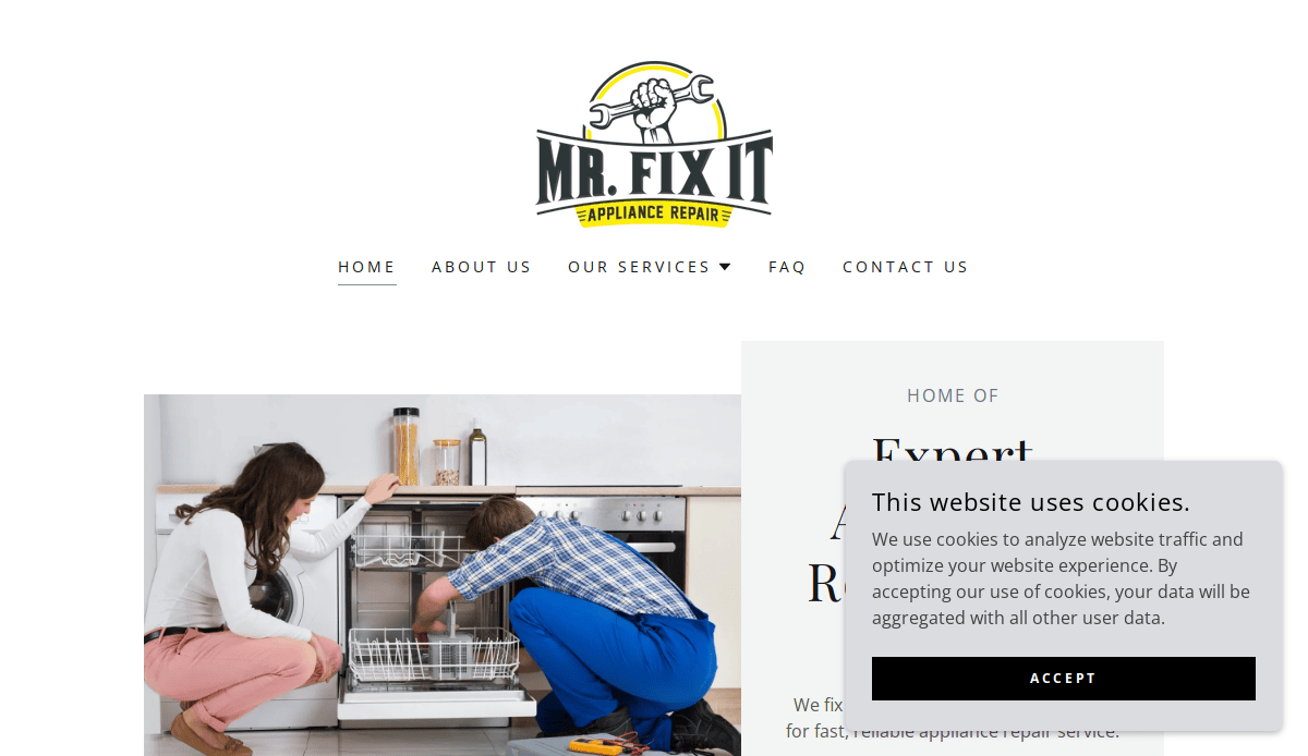 A man kneels in professional fashion while repairing a dishwasher as a woman looks on; above, the Mr. Fix It Appliance Repair logo and website design elements are visible, with a cookie consent popup in the lower right corner.