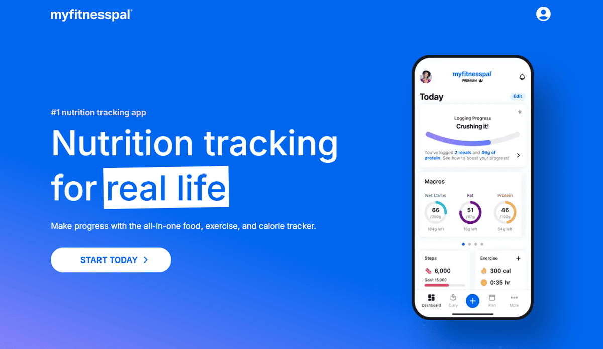 A promotional image for MyFitnessPal shows the slogan “Nutrition tracking for real life” beside a smartphone displaying the app’s dashboard—with food, exercise, and calorie tracking features—highlighting its impact on health & wellness website growth.