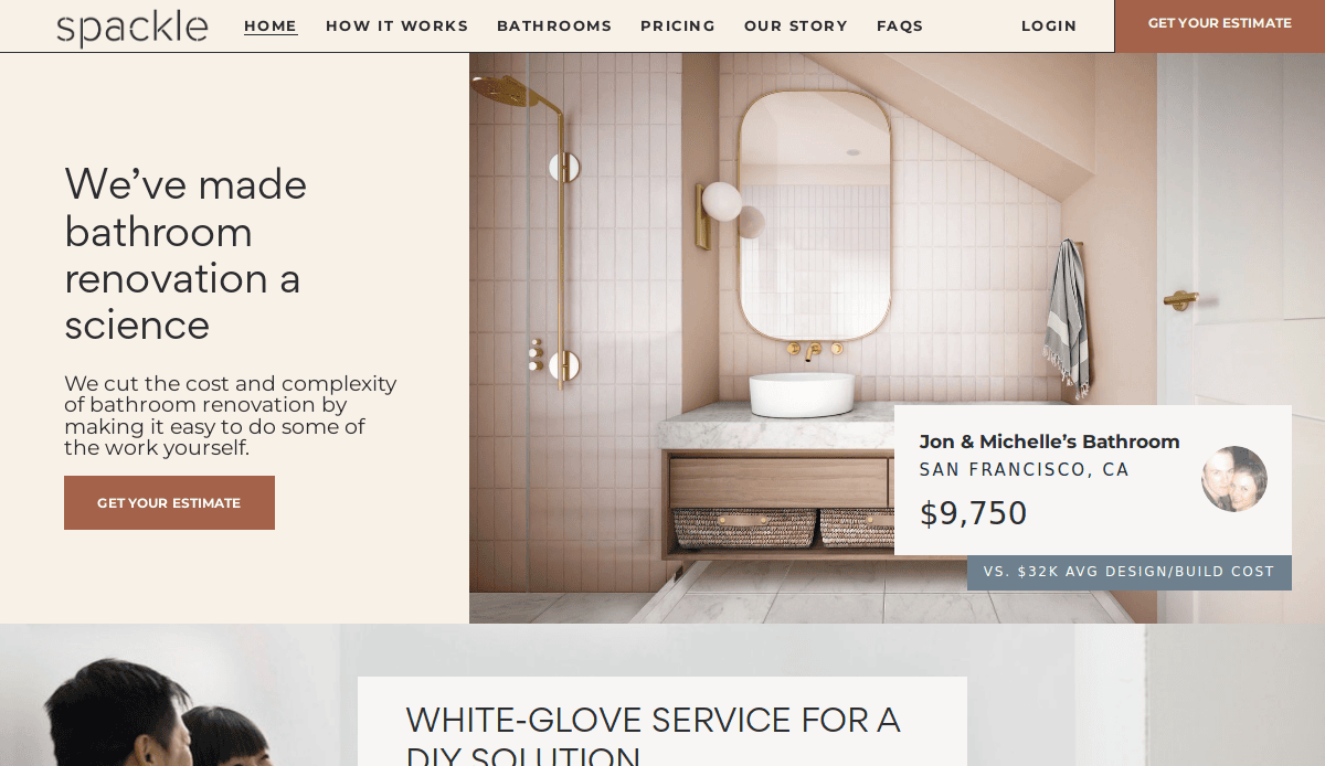 A modern bathroom features a round mirror, pendant light, and wooden vanity with a sink. Website design highlights a $9,750 bathroom remodeling estimate for Jon & Michelle in San Francisco, compared to a $32K average design/build cost.