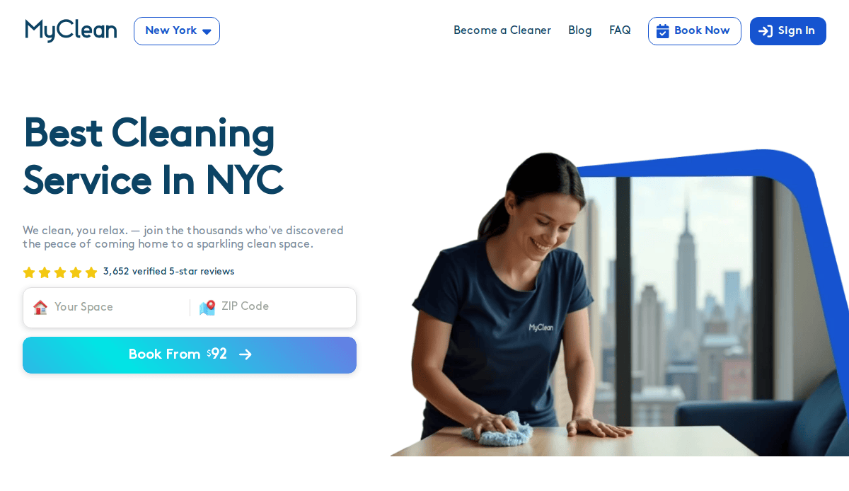 A smiling woman in a navy blue MyClean shirt wipes a wooden table in a bright room with city views. Text highlights the Best Cleaning Service in NYC, while booking options and reviews showcase an inviting cleaning service website on the left.