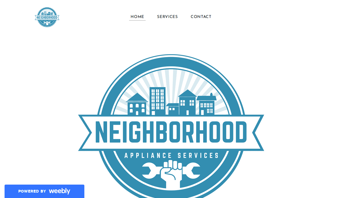 A blue and white logo for Neighborhood Appliance Services features city buildings, rays, and a fist holding tools, highlighting professional appliance repair. The website design includes navigation links Home, Services, Contact, and "Powered by Weebly" in the corner.