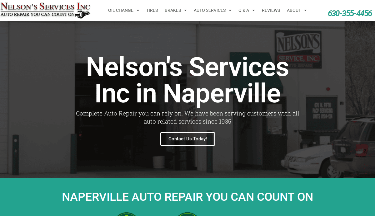 Screenshot of Nelson’s Services Inc Auto Repair Business website showing their building exterior, business name, a brief description about auto repair services since 1936, and a “Contact Us Today!” button. The phone number 630-355-4456 is displayed online.