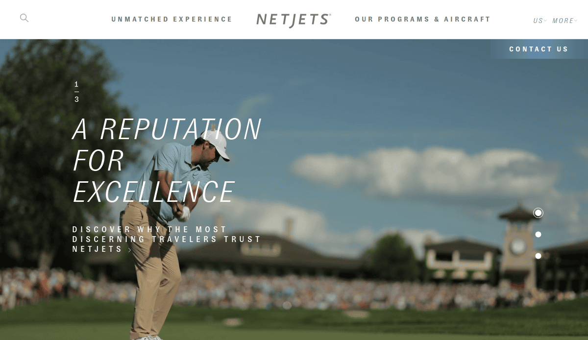 A golfer lines up a putt on a sunny green with a large crowd and clubhouse in the background. Text reads A reputation for excellence. Discover why the most discerning travelers trust NetJets' future-proofing in aviation.