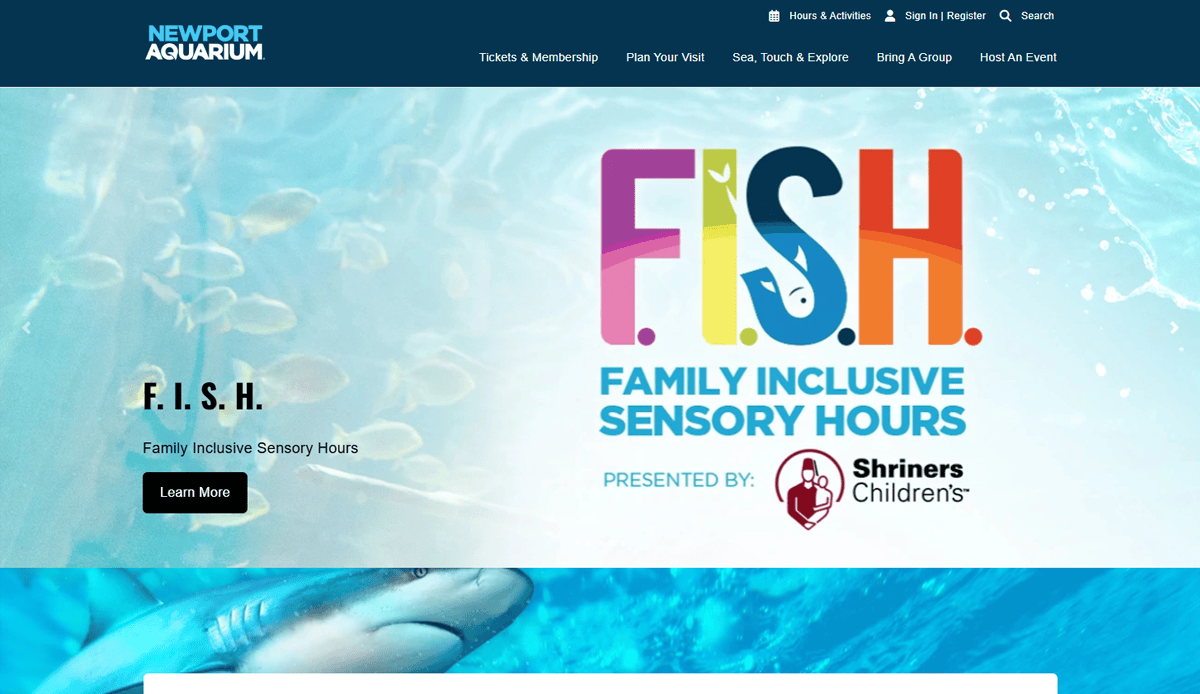 Screenshot of the Newport Aquarium website highlighting the F.I.S.H. (Family Inclusive Sensory Hours) event, presented by Shriners Children’s, with captivating visitors through colorful, underwater-themed graphics and engaging aquarium website design.