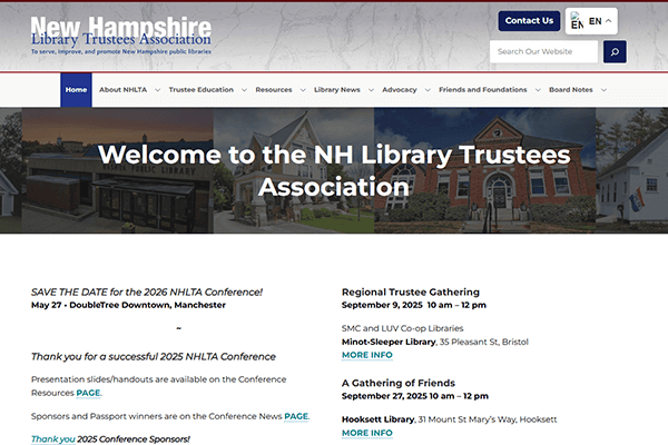 Screenshot of the New Hampshire Library Trustees Association website homepage, featuring a navigation menu, welcome message, conference announcements, and images of library buildings.