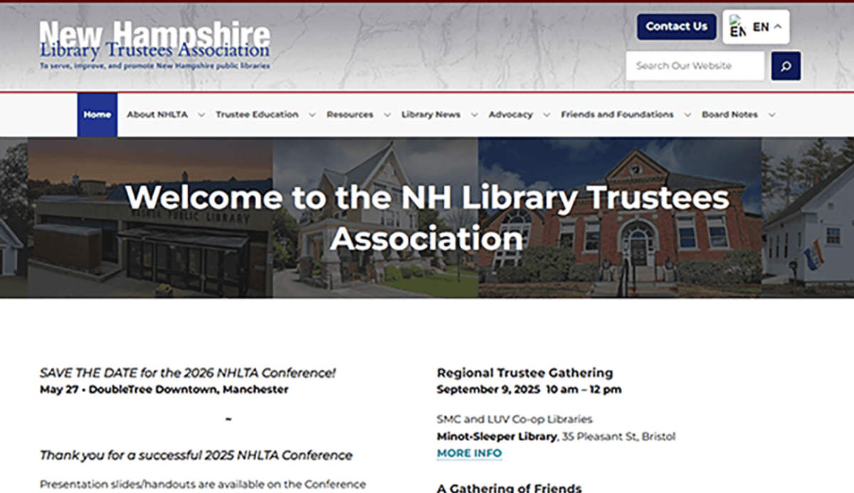 Screenshot of the New Hampshire Library Trustees Association homepage. It features announcements, event dates, membership info, newsletter highlights, contact details, social links, and navigation menus in a blue, white, and yellow color scheme.