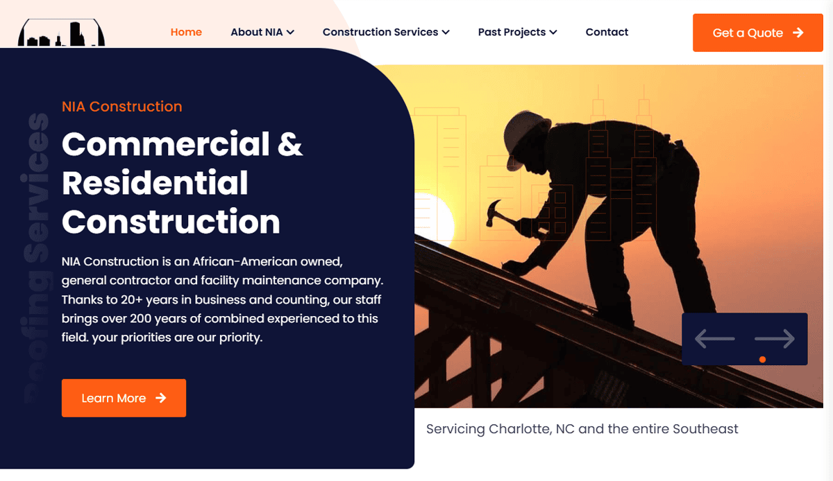 A professional website homepage for NIA Construction features a silhouette of a person working on a roof, highlighting commercial construction and residential services. Clear website design includes contact and more info buttons.