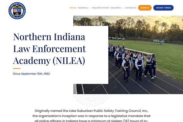Screenshot of the Northern Indiana Law Enforcement Academy website, featuring uniformed cadets walking on a track. The page headline reads “Northern Indiana Law Enforcement Academy (NILEA).”.