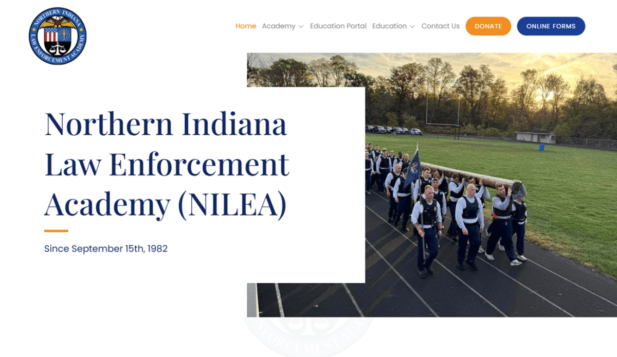 Screenshot of the Northern Indiana Law Enforcement Academy (NILEA) website, featuring law enforcement training info, a course schedule, photos of trainees, and sections on the Public Safety Training Council and academy history.