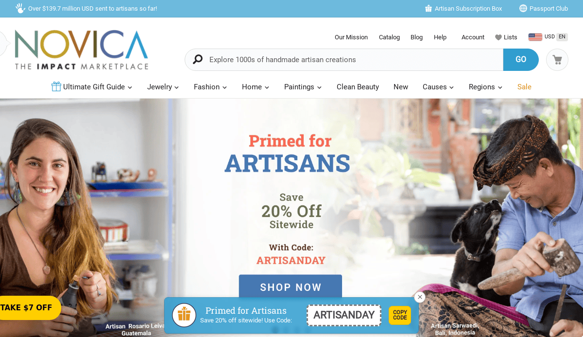 Screenshot of the Novica artisan website, featuring a banner for a 20% off artisan sale. On the left, a smiling woman with pottery; on the right, a person weaving textiles. Search bar and navigation menu showcase thoughtful artisan website design.