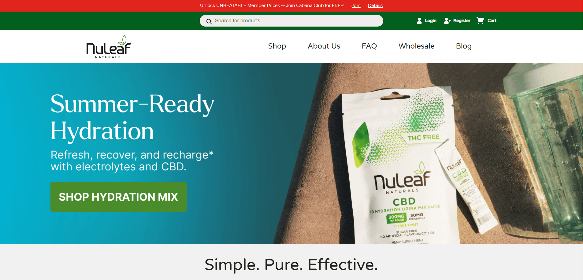 Screenshot of the NuLeaf Naturals CBD online store promoting a CBD hydration mix. A product pouch and sachet are shown next to a glass of water on a wooden surface. Text highlights Summer-Ready Hydration.