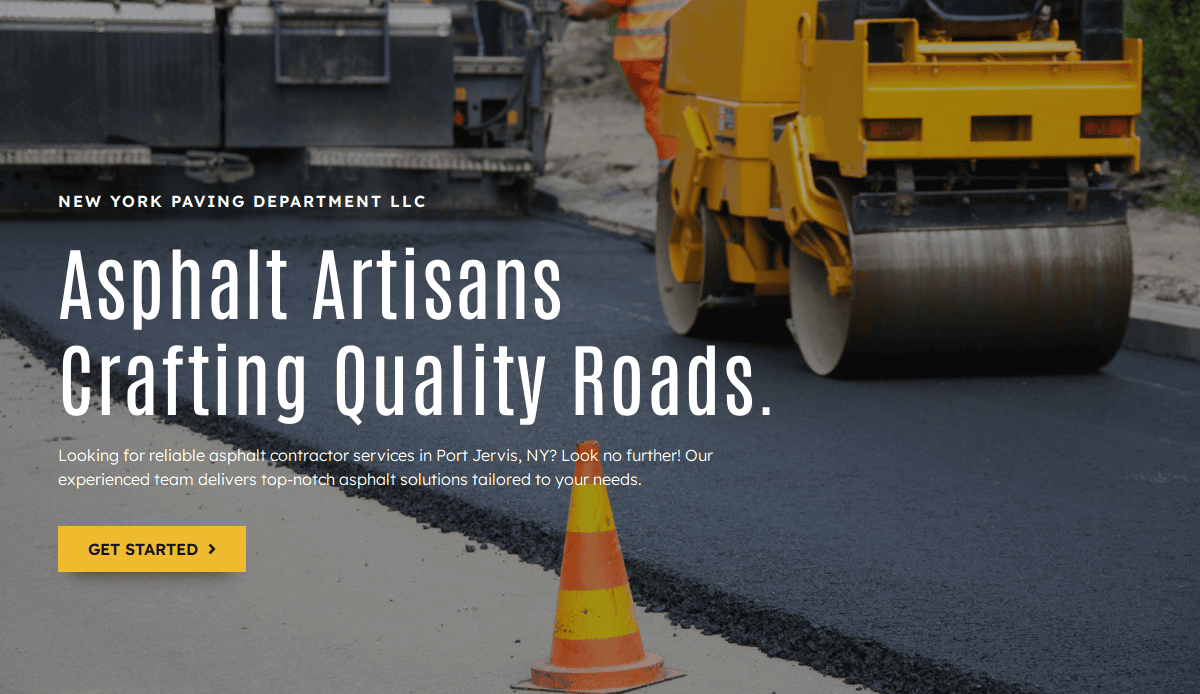 A yellow asphalt roller flattens fresh black asphalt on a road under construction, with an orange traffic cone in the foreground and workers in the background. Text highlights asphalt paving services and effective asphalt contractor website design solutions.
