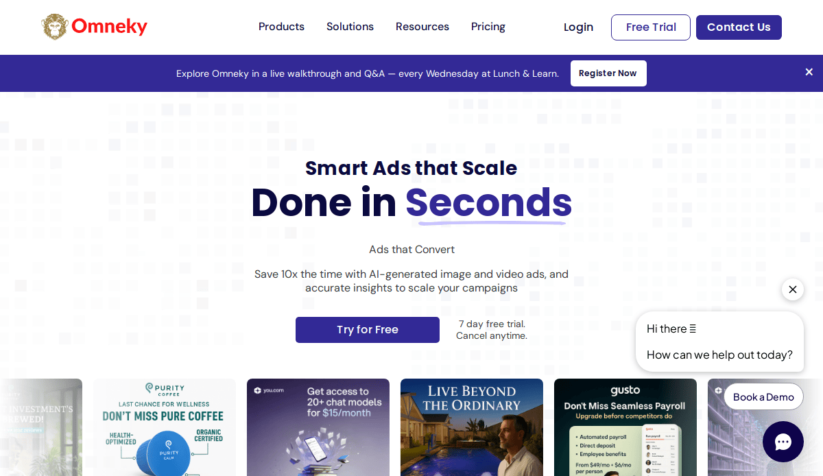 Screenshot of Omnekys homepage highlighting AI website design for smart ads that scale and save time. Prominent Try for Free and Book a Demo buttons stand out, with a chat box in the lower right corner to support your website strategy.