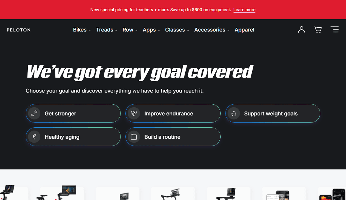 Peloton health & wellness website homepage displays fitness goals like “Get stronger,” “Improve endurance,” and “Build a routine,” with navigation and a red teacher discount banner, supporting your journey toward fitness growth.