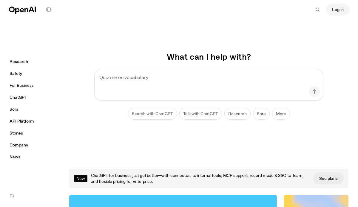 Screenshot of the OpenAI website featuring an AI website design with a search bar displaying Quiz me on vocabulary, options for searching or chatting with ChatGPT, a What can I help with? header, and navigation menu on the left.