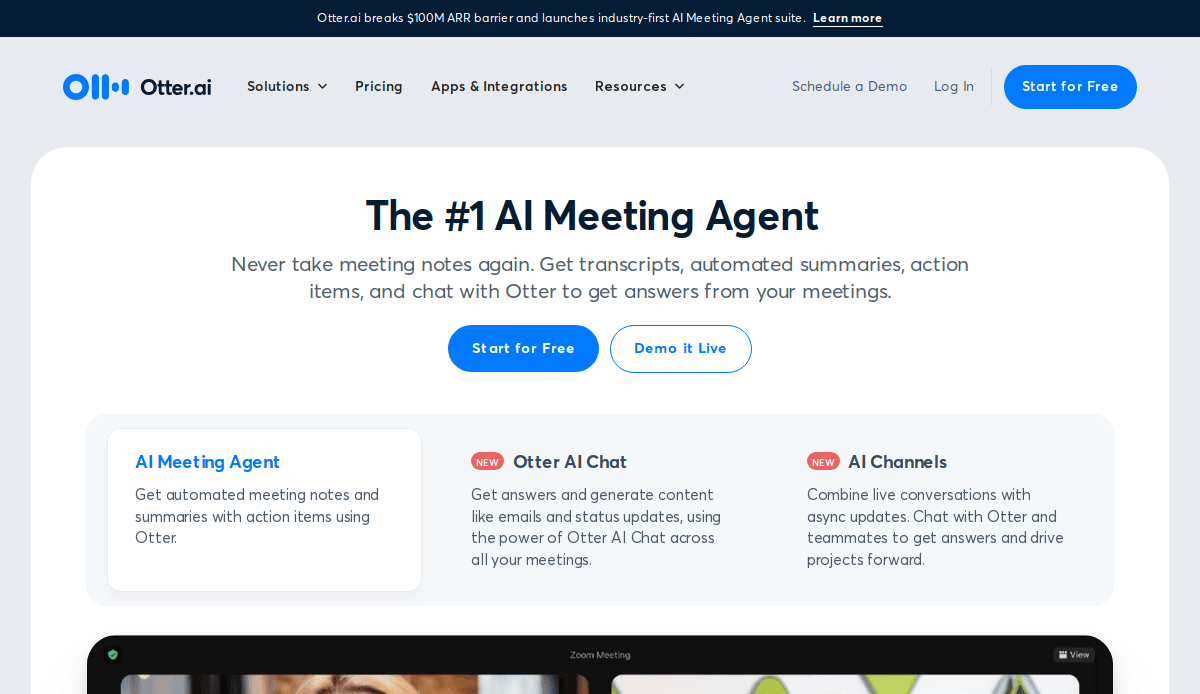 Screenshot of Otter.ai’s website homepage promoting its AI meeting agent. The AI website design highlights features like transcriptions, automated summaries, and action items, with Start for Free and Demo it Live buttons at the center.