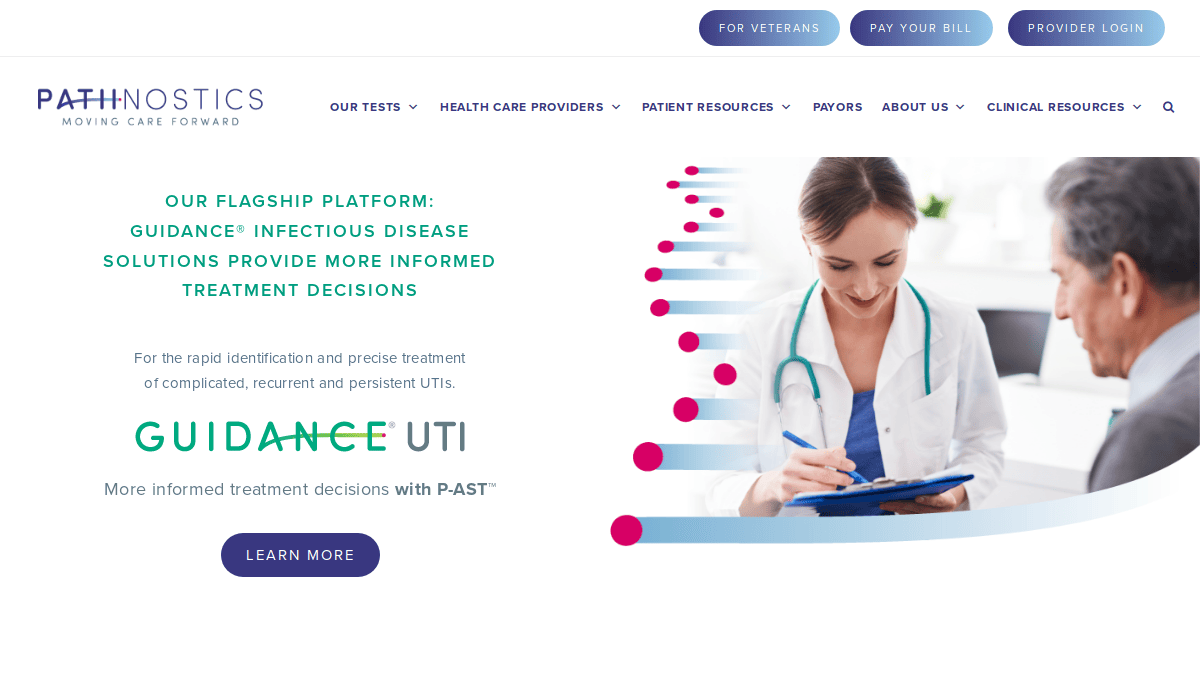 A female healthcare professional writes on a clipboard while speaking with a patient. Text highlights Pathnostics GUIDANCE Infectious Disease Solutions for improved UTI treatment decisions, reflecting innovation seen in top biotech companies. LEARN MORE button is visible.