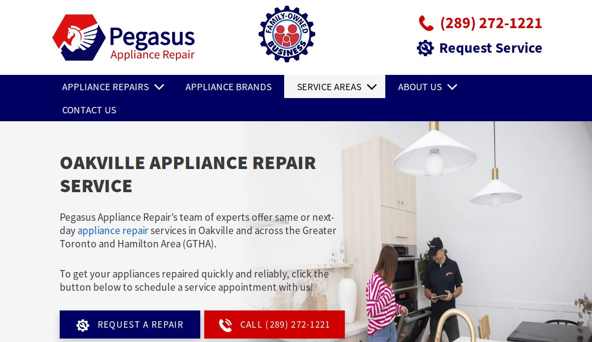 Screenshot of Pegasus Appliance Repair’s professional website design displaying Oakville Appliance Repair Service info, contact phone number, navigation menu, and an image of two people repairing a kitchen appliance.