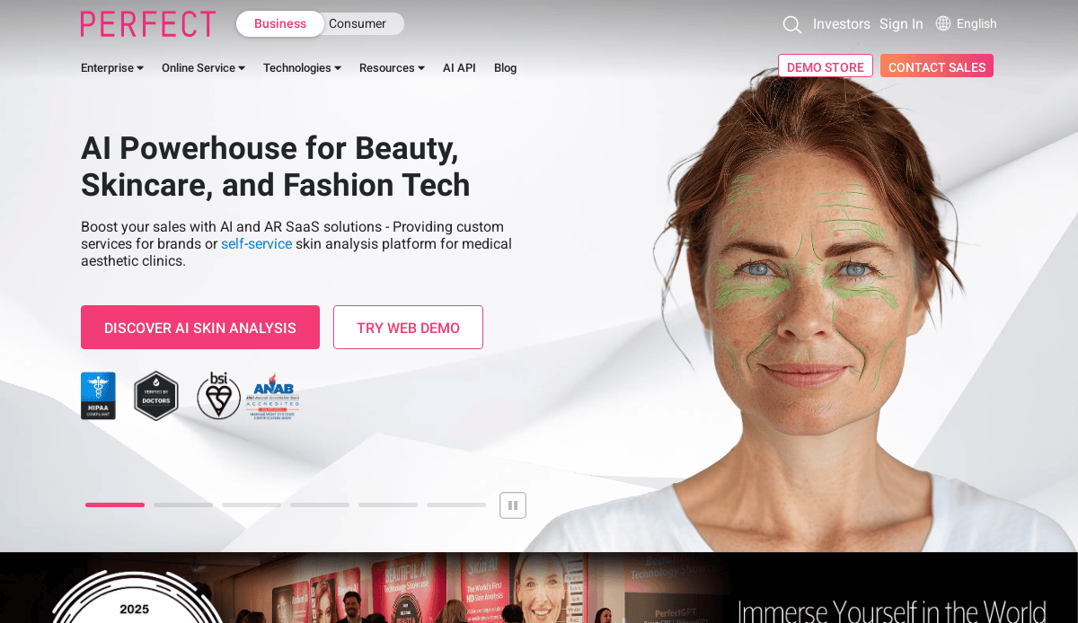 A woman with digital green facial mapping lines smiles at the camera. The website highlights AI and AR beauty tech solutions, featuring a smart AI website design with skin analysis, demo buttons, and visible menu and certification icons.