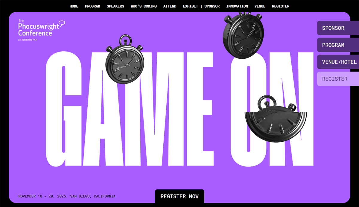 A purple event website design features bold white "GAME ON" text, overlaid by three black pocket watches. Navigation menus are on the right and top, with event details like dates and location: San Diego, California.