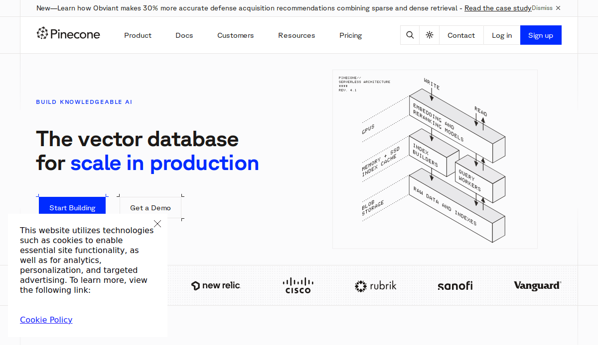 Screenshot of Pinecones homepage featuring the headline The vector database for scale in production, clear website structure with navigation links, a schematic diagram, and a cookie policy pop-up in the bottom left corner.