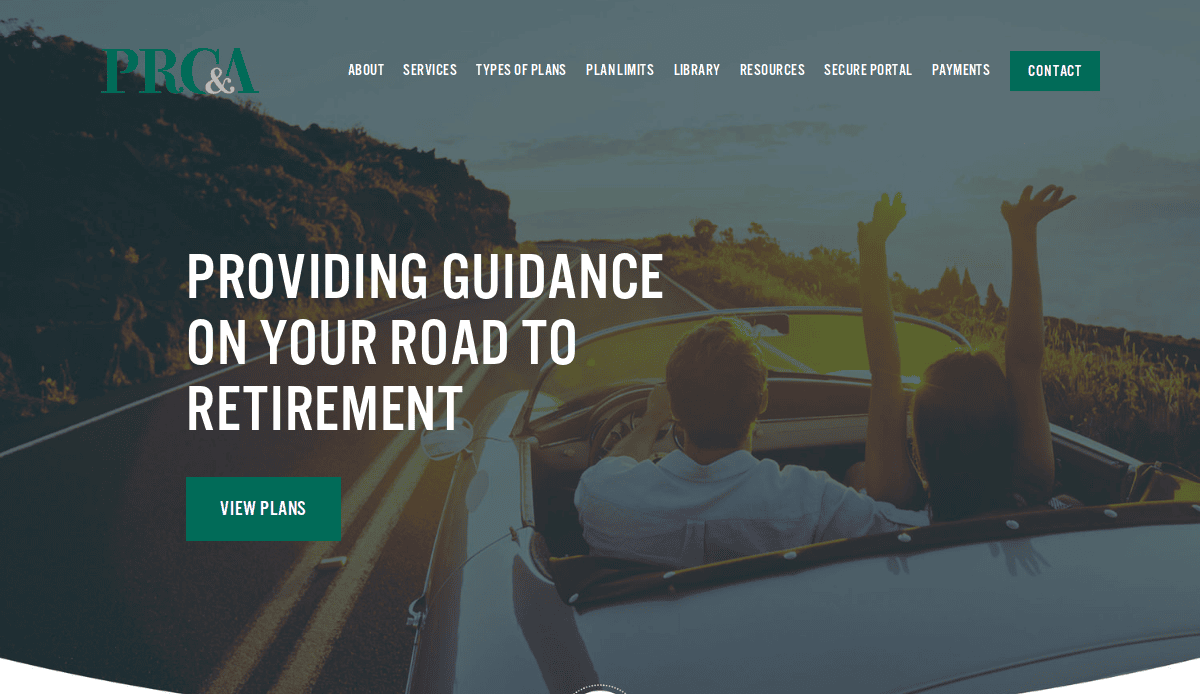 A couple drives in a convertible at sunset, arms raised in joy. Text reads: Build trust on your road to retirement. Navigation menu and View Plans button highlight thoughtful consultant website design.