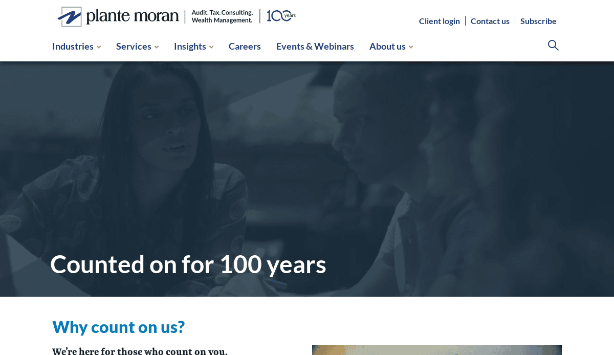 A high-impact accountant website homepage for Plante Moran, featuring a banner with a diverse group in discussion and the text “Counted on for 100 years.” The menu includes Industries, Services, Insights, Careers, and Events & Webinars.