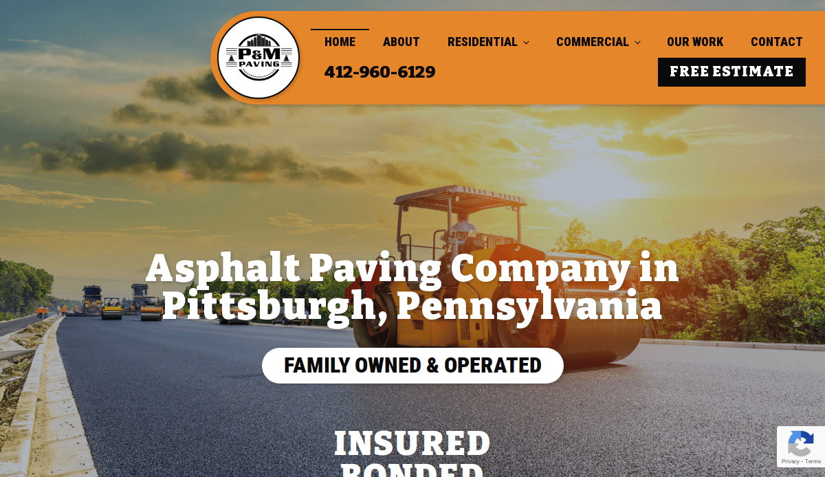 Website homepage for an asphalt contractor in Pittsburgh, Pennsylvania, showing road construction vehicles resurfacing a road at sunset. Text highlights Family Owned & Operated, contact info, and a free estimate button—all wrapped in a sleek website design.