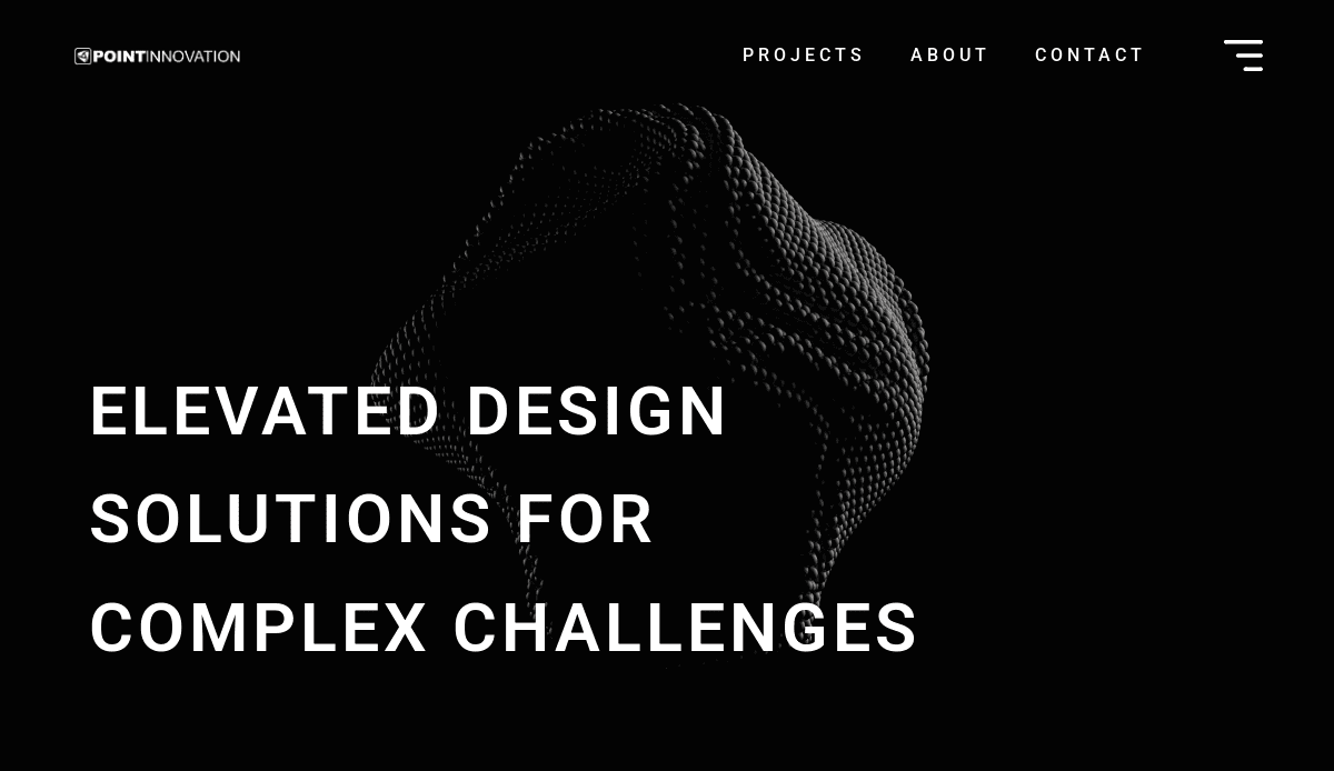 A dark website header for a civil engineering website features the text ELEVATED DESIGN SOLUTIONS FOR COMPLEX CHALLENGES over an abstract, black, textured 3D shape. The top menu includes PROJECTS, ABOUT, and CONTACT.