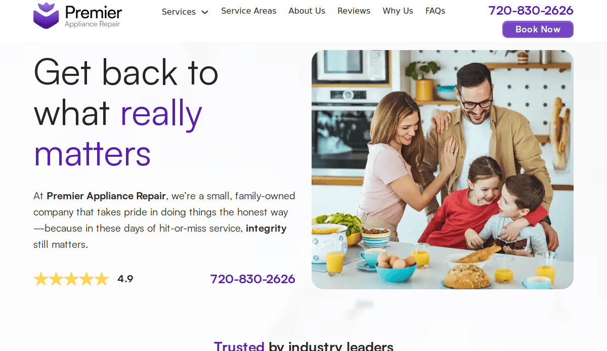 A smiling family of four enjoys breakfast together at a bright kitchen table filled with food. The Premier Appliance Repair logo, contact info, and professional company description appear on the left, highlighting expert appliance repair and website design services.