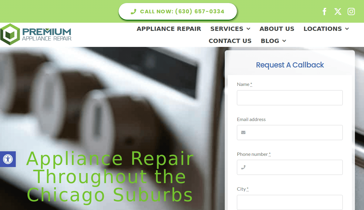 Screenshot of the Premium Appliance Repair website highlights professional website design, featuring a phone number, navigation menu, blurred stove knobs image, and a callback request form. Green text reads, Appliance Repair Throughout the Chicago Suburbs.