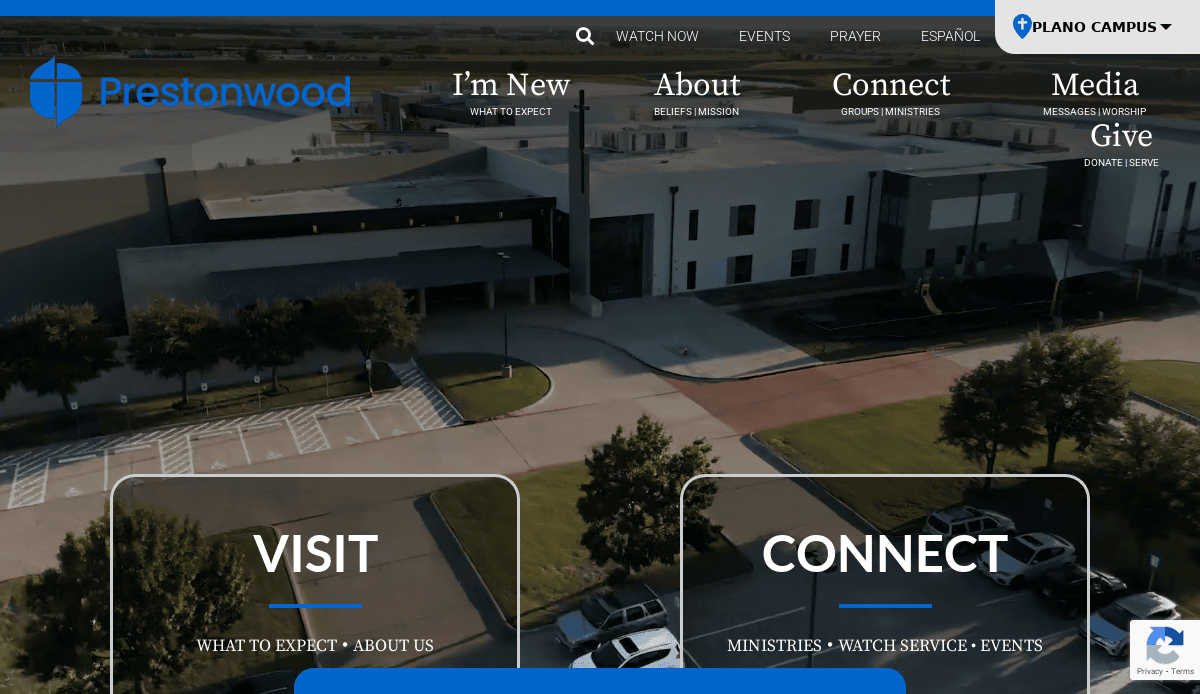 Aerial view of Prestonwood church campus with parking lot; the homepage features menu options like Visit, Connect, I'm New, About, Media, and Give—showcasing thoughtful church website design as an effective ministry tool.