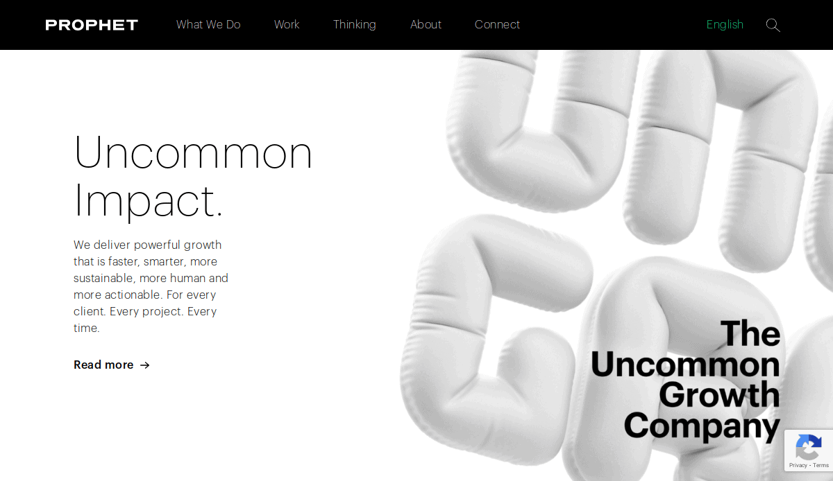 Screenshot of the Prophet homepage featuring “Uncommon Impact” and “The Uncommon Growth Company,” plus a brief description beside large 3D white GROWTH letters—a standout example of consultant website design that helps win clients.