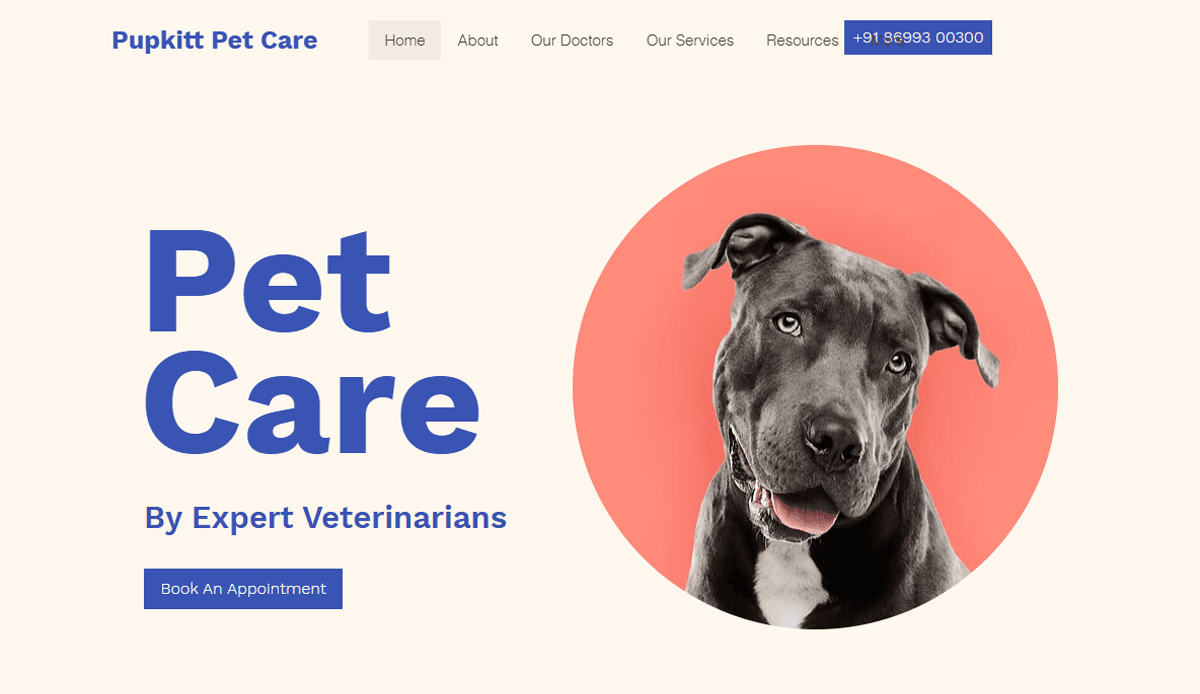 Website homepage for Pupkitt Pet Care featuring a large photo of a gray pit bull dog with a pink background, showcasing professional veterinary website design, the text Pet Care by Expert Veterinarians, and easy navigation/menu options at the top.