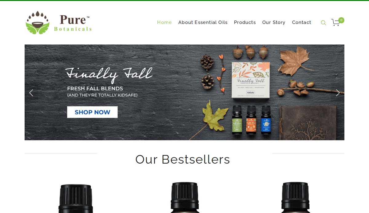 Screenshot of the Pure Botanicals homepage, featuring a banner with essential oil products, autumn leaves, and “Finally Fall. Fresh Fall Blends.” The navigation menu and “Shop Now” button highlight this high-performing site.