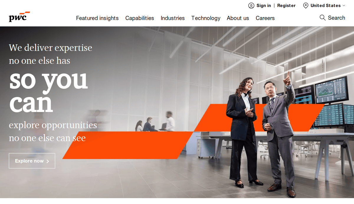 Two business professionals stand talking in a modern office with large digital screens and glass walls, highlighting PwC’s high-impact expertise and opportunities. An orange accent and Explore now button create an inviting Accountant website experience.